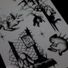 Black and white illustration of rabbits and a sign with text on a textured background